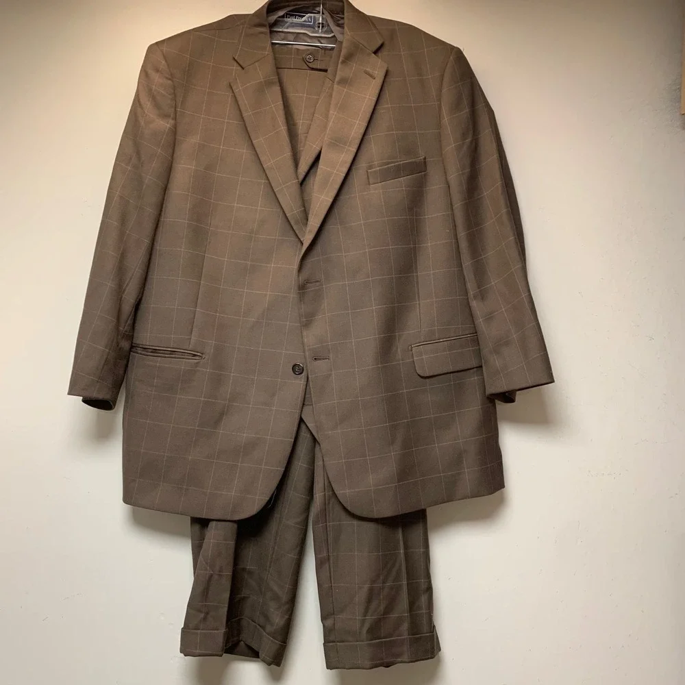 Paul Fredrick 3-Piece Suit Mens 46R Brown Windowpane Wool Blazer Vest Pants Exc